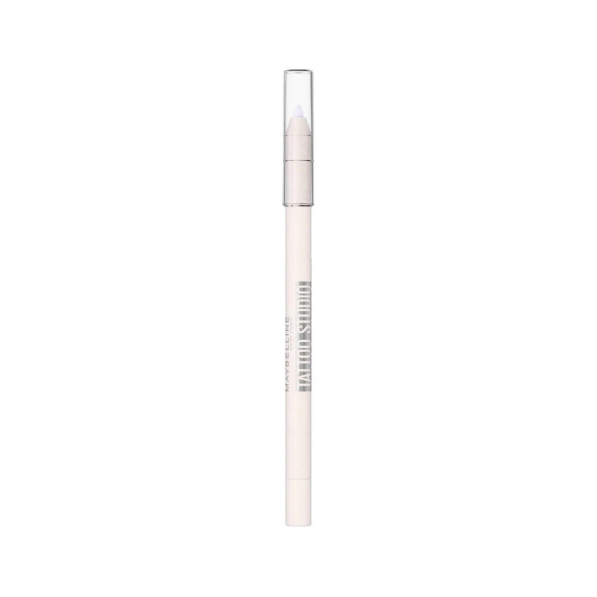 Refect Beauty Maybelline Tattoo Studio waterproof gel eyeliner pencil in a white shade with a clear cap.