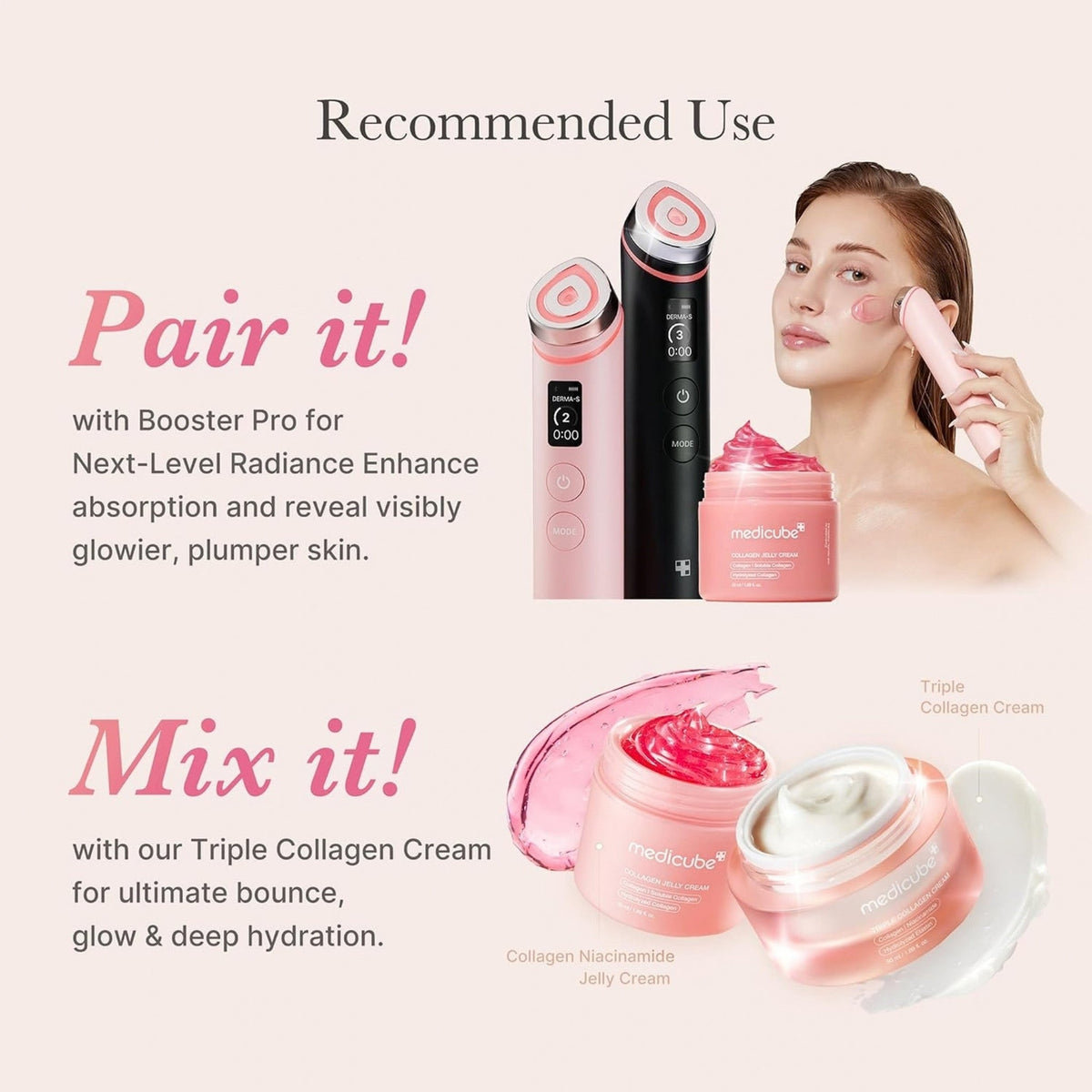 Refect Beauty Medicube Collagen Jelly Cream and Booster Pro device used by a woman for radiant skin care routine