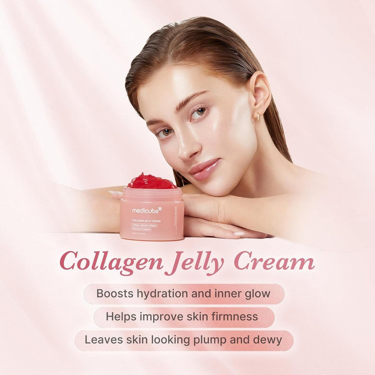 Refect Beauty Medicube Collagen Jelly Cream jar held by a woman with glowing skin, promoting hydration and firmness.