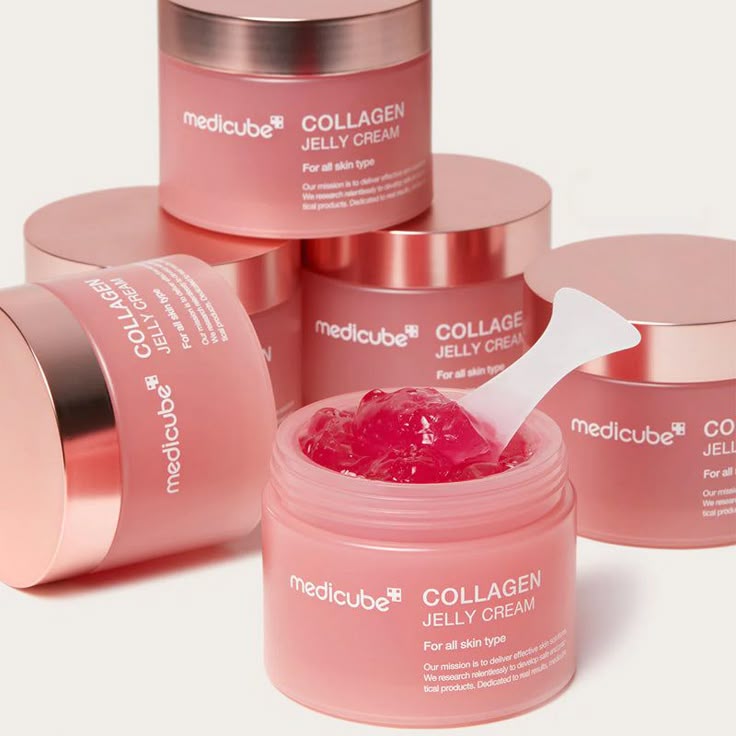 Refect Beauty Medicube Collagen Jelly Cream jars with pink gel texture and applicator spoon for skin elasticity.