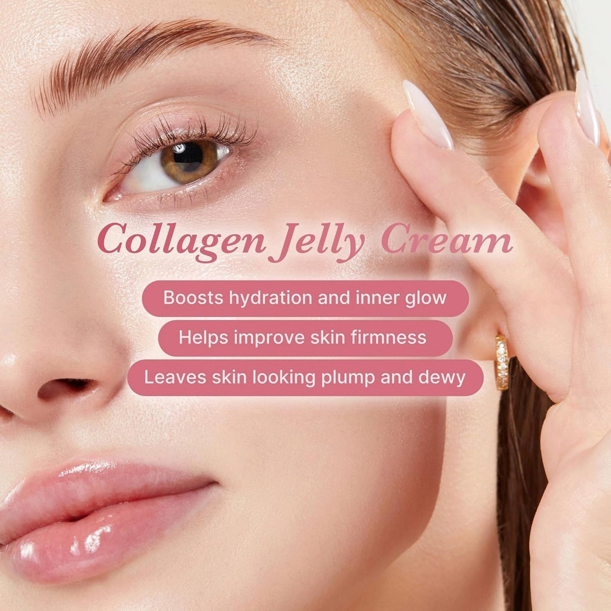 Refect Beauty Medicube Collagen Jelly Cream applied on a woman's face for hydrated, plump, and firm skin.