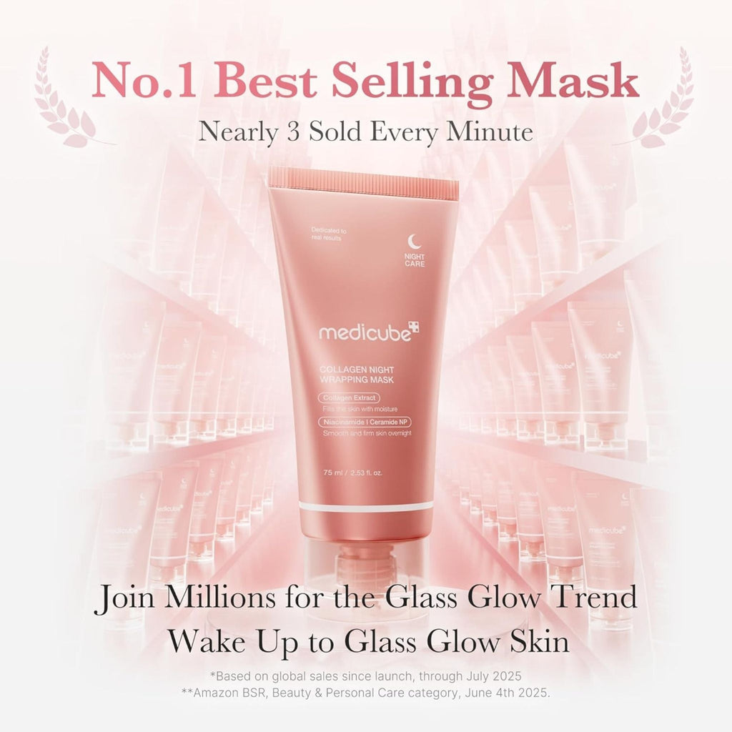 Refect Beauty Medicube Collagen Night Wrapping Mask tube in pink packaging with text about glass glow skin benefits.