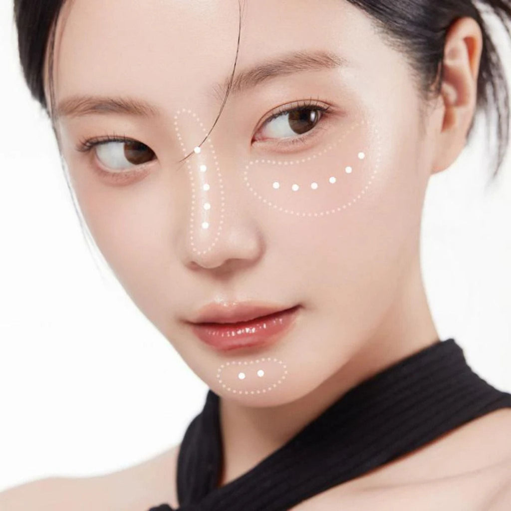 Refect Beauty model showing targeted pore care areas on face for Medicube One Day Exosome Shot Pore Ampoule 25000