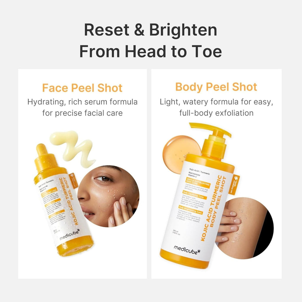 Refect Beauty Medicube Kojic Acid Turmeric Peel Shot serum and body wash for face and body exfoliation and brightening