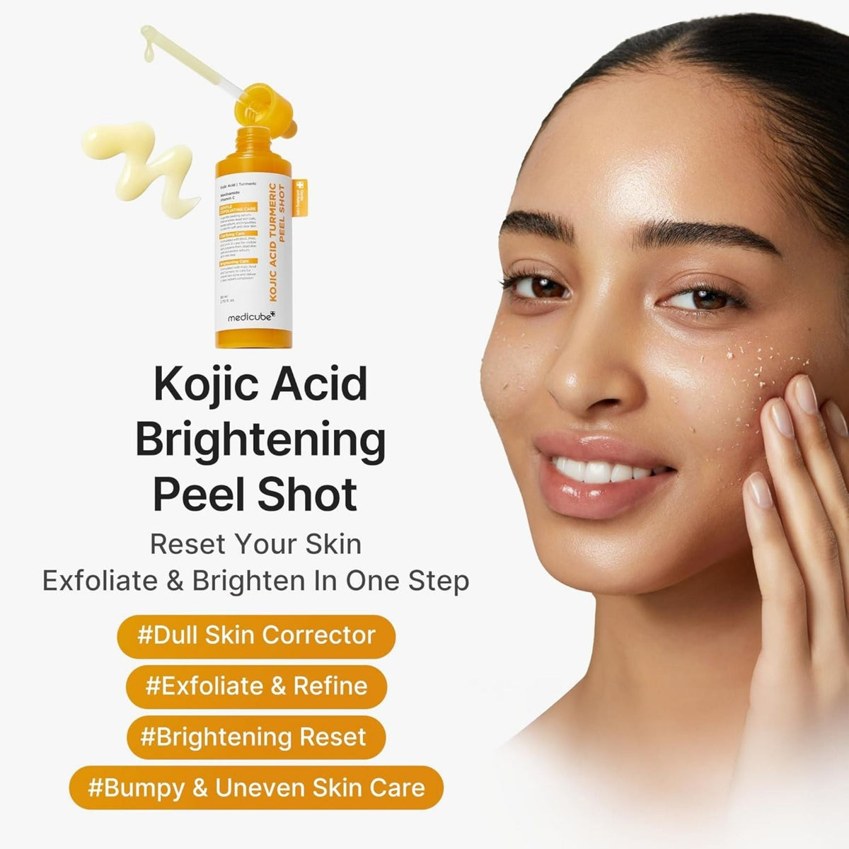 Refect Beauty Medicube Kojic Acid Turmeric Peel Shot serum applied to a woman's face for gentle exfoliation and brightening
