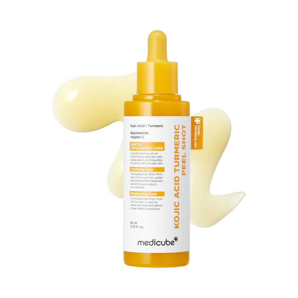 Refect Beauty Medicube Kojic Acid Turmeric Peel Shot exfoliating serum in a yellow bottle with a dropper.