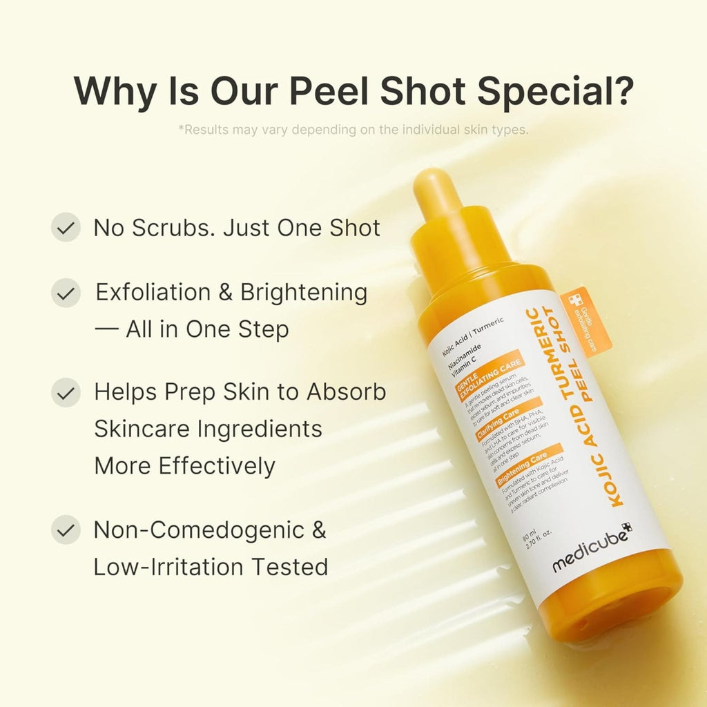 Refect Beauty Medicube Kojic Acid Turmeric Peel Shot exfoliating serum bottle with key benefits listed on background.