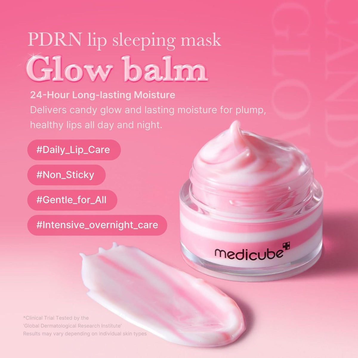 Refect Beauty Medicube PDRN pink lip sleeping mask in a glass jar with a creamy texture swatch on a pink background.