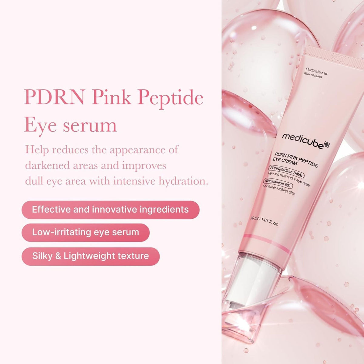 Refect Beauty Medicube PDRN Pink Peptide eye cream in a light pink tube with a pump applicator against a bubble background