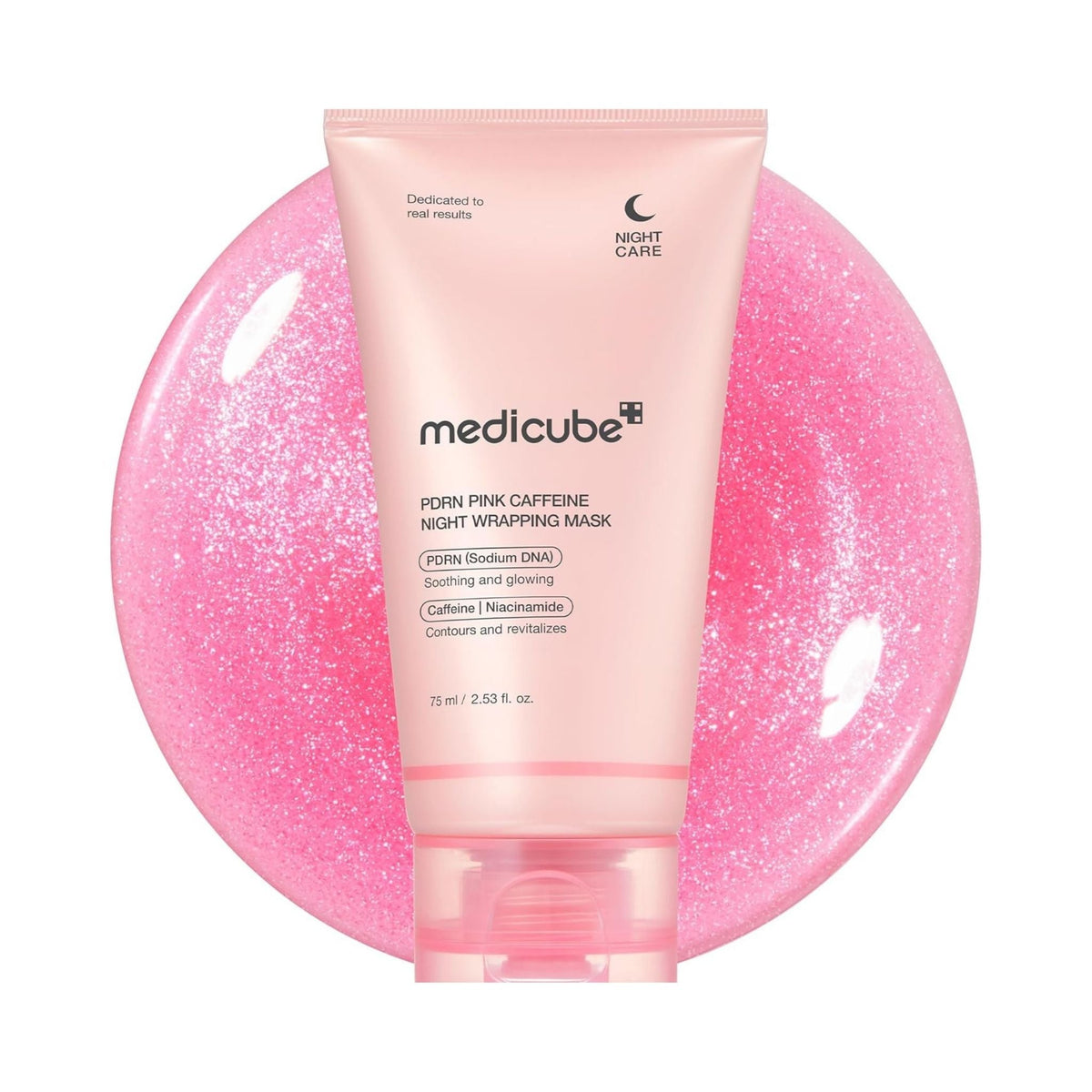 Refect Beauty Medicube PDRN Pink Caffeine overnight wrapping mask in a light pink tube against a shimmering pink gel.