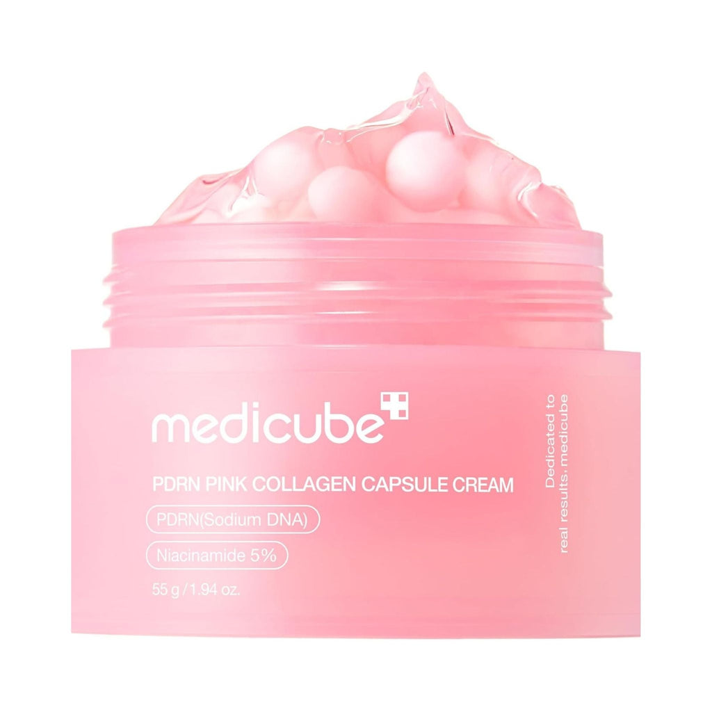 Refect Beauty Medicube PDRN Pink Collagen Capsule Cream with visible pink capsules in a transparent gel texture.