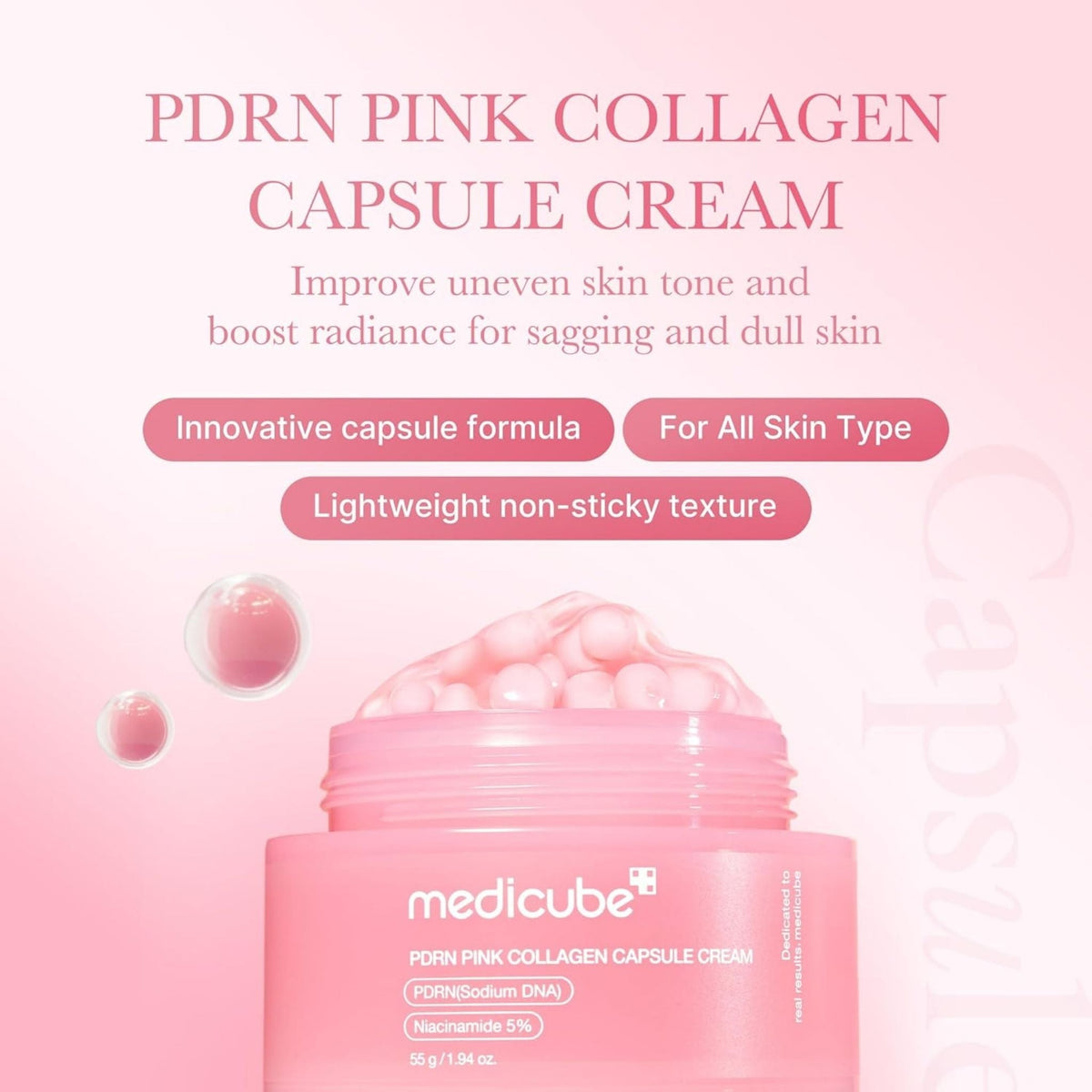 Refect Beauty Medicube PDRN Pink Collagen Capsule Cream in a pink jar with visible capsules for skin brightening.