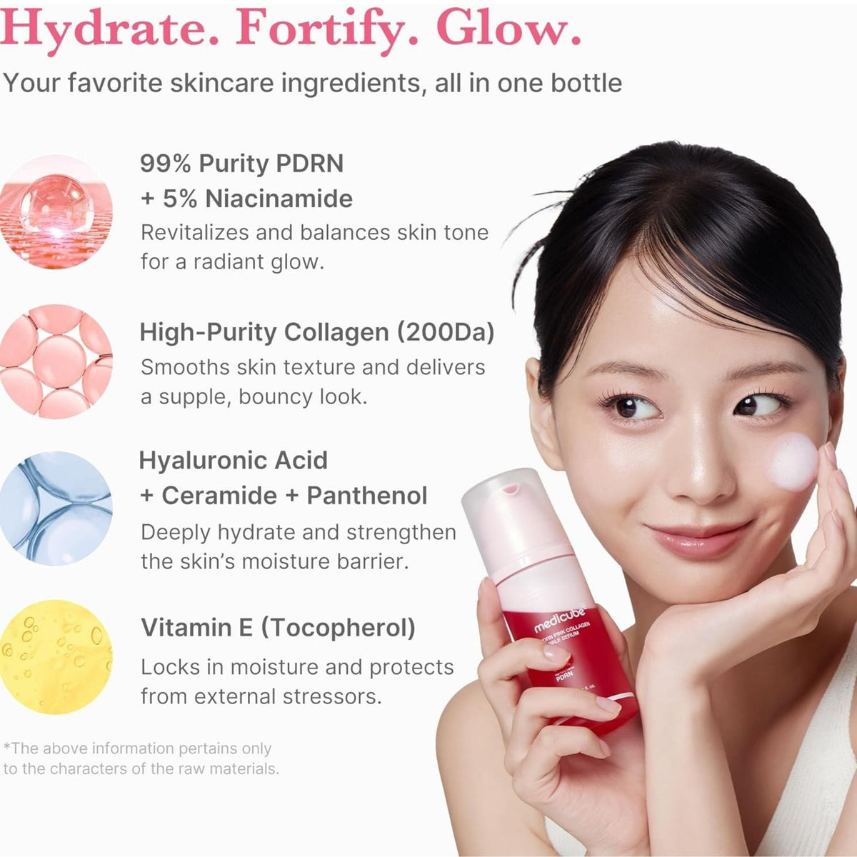 Refect Beauty Medicube PDRN Pink Collagen Bubble Serum held by a woman showing skincare benefits and ingredients