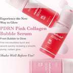 Refect Beauty Medicube PDRN Pink Collagen Bubble Serum bottles with a soft pink background and floating bubbles.
