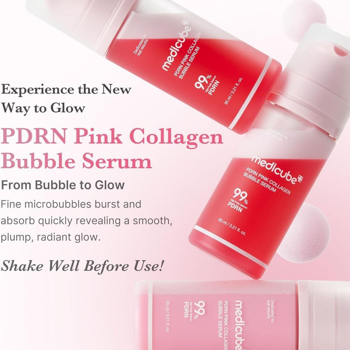 Refect Beauty Medicube PDRN Pink Collagen Bubble Serum bottles with a soft pink background and floating bubbles.