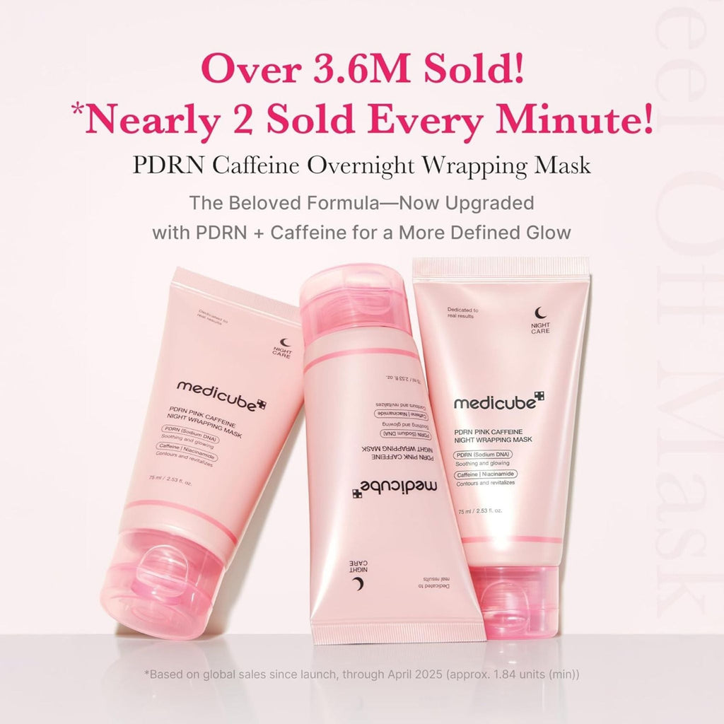 Refect Beauty Medicube PDRN Pink Caffeine Overnight Wrapping Mask tubes in a promotional product display