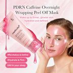 Refect Beauty Medicube PDRN Pink Caffeine peel-off mask applied to a woman's face for overnight hydration and firming.