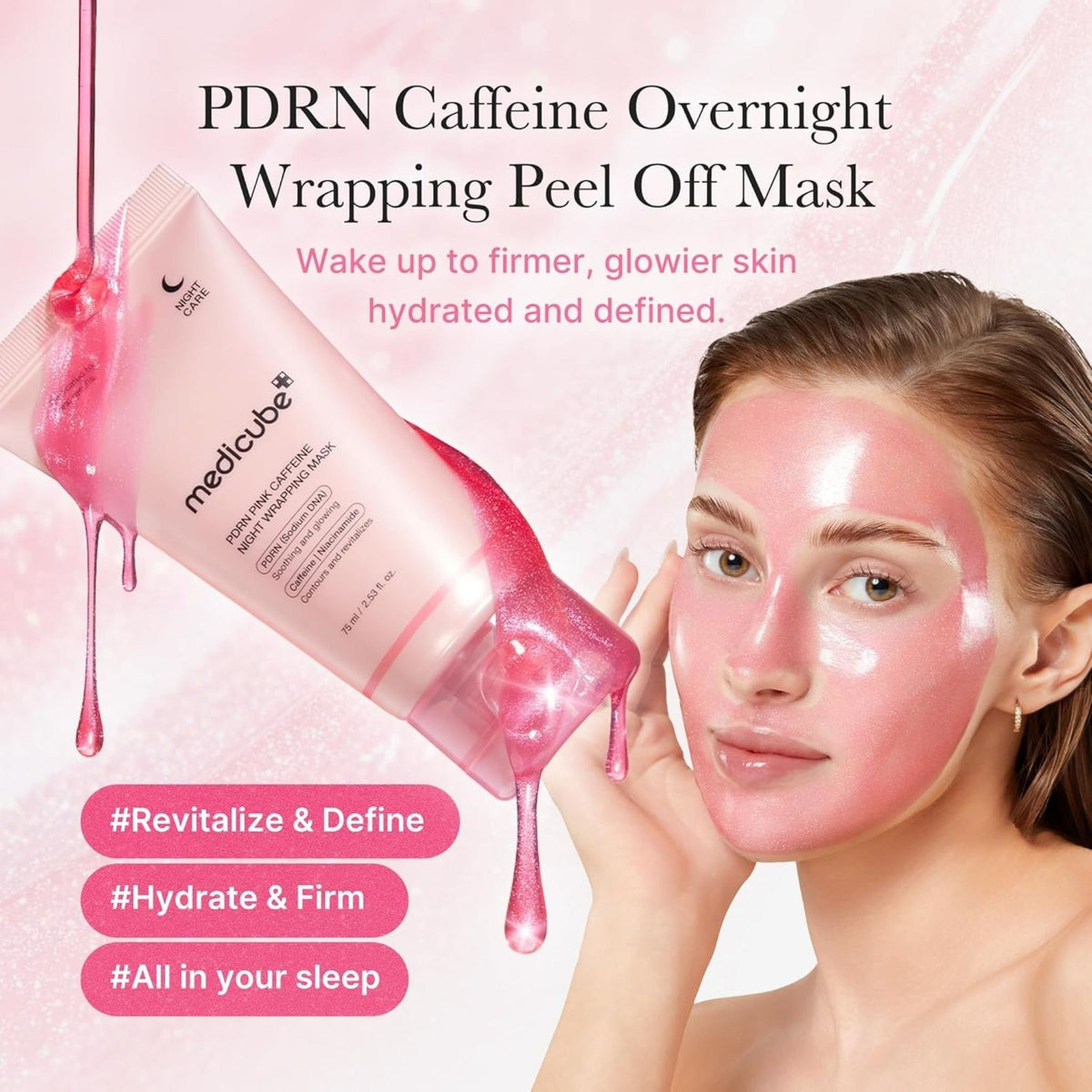 Refect Beauty Medicube PDRN Pink Caffeine peel-off mask applied to a woman's face for overnight hydration and firming.