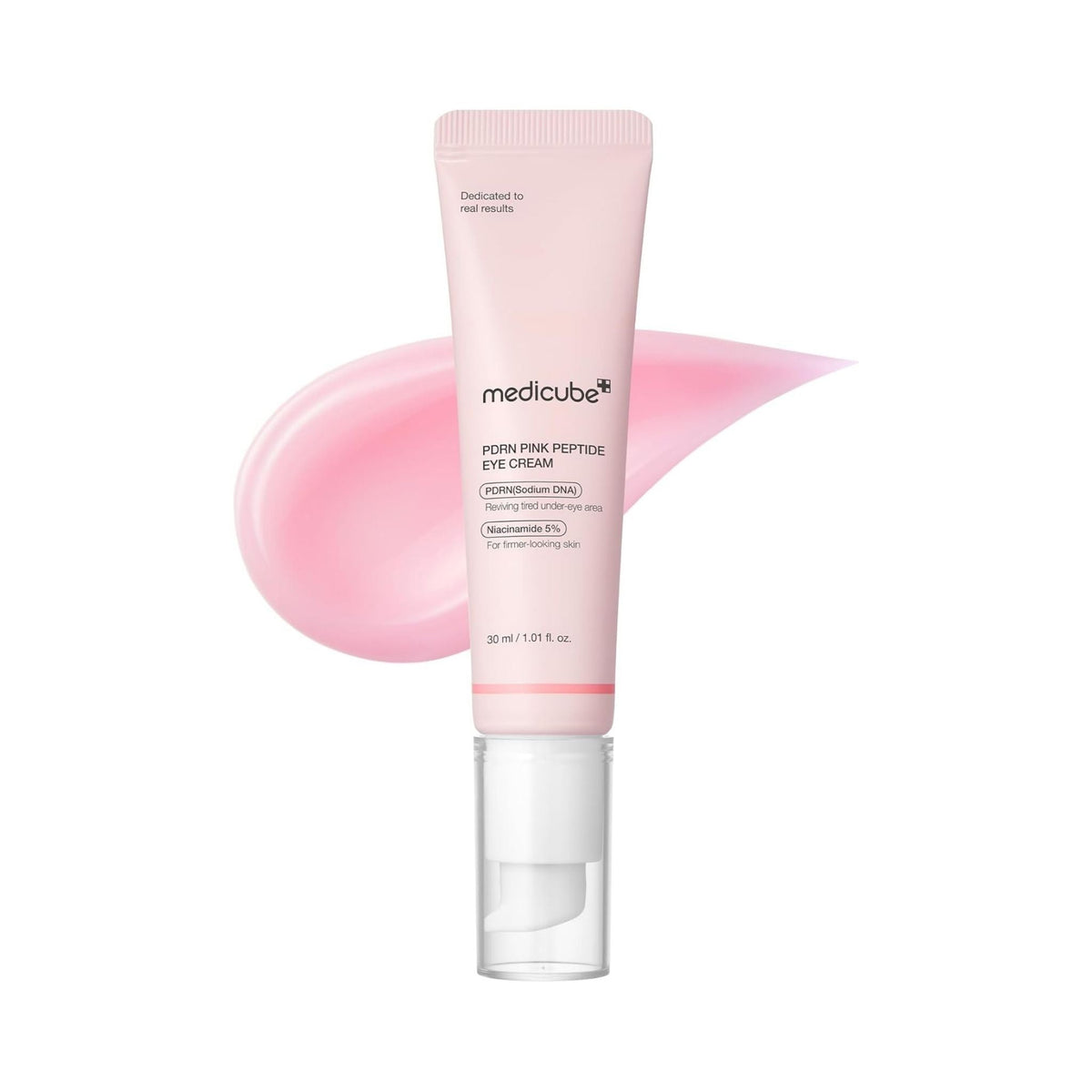 Refect Beauty Medicube PDRN Pink Peptide eye cream in a light pink squeeze tube with a pump applicator