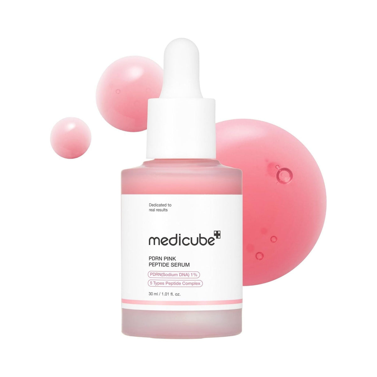 Refect Beauty Medicube PDRN Pink Peptide Serum in a glass dropper bottle with floating pink serum droplets.