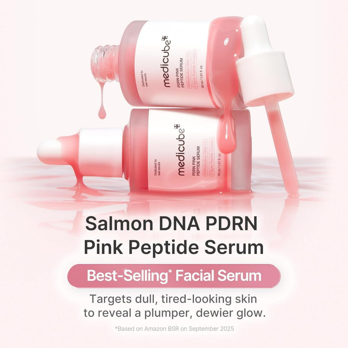 Refect Beauty Medicube PDRN Pink Peptide Serum bottles with dropper, featuring a light pink, glowing liquid texture.