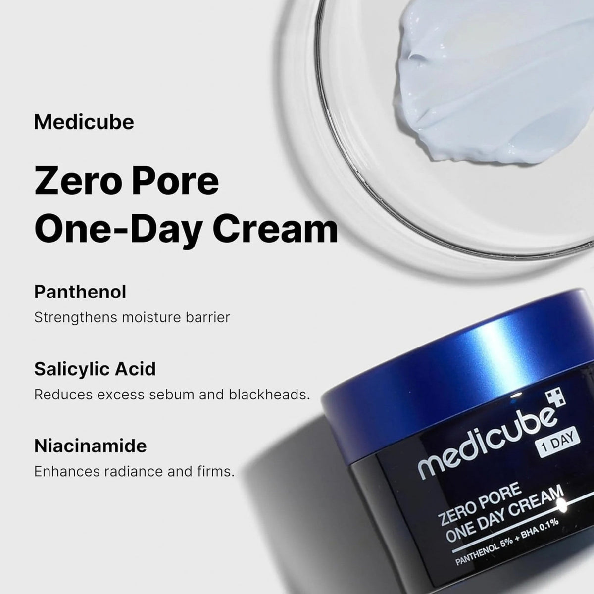 Refect Beauty Medicube Zero Pore One Day Cream jar with blue lid and a sample of the white cream texture