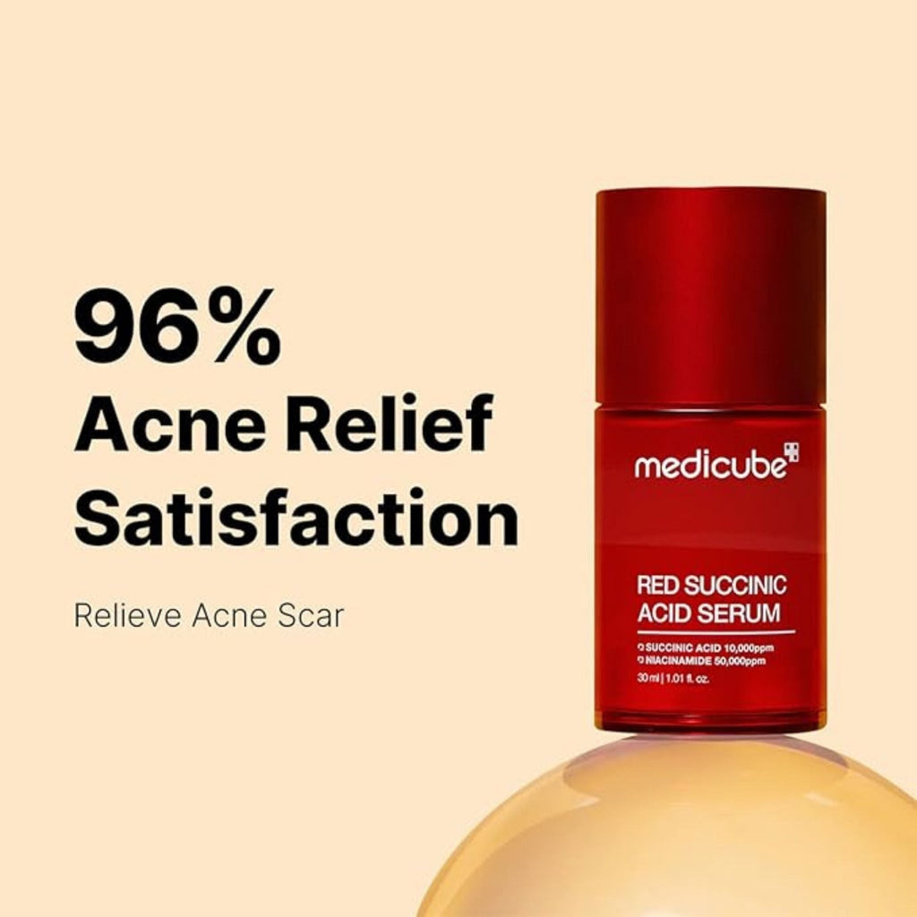 Refect Beauty Medicube Red Succinic Acid Serum bottle for blemish-prone skin on a soft peach background