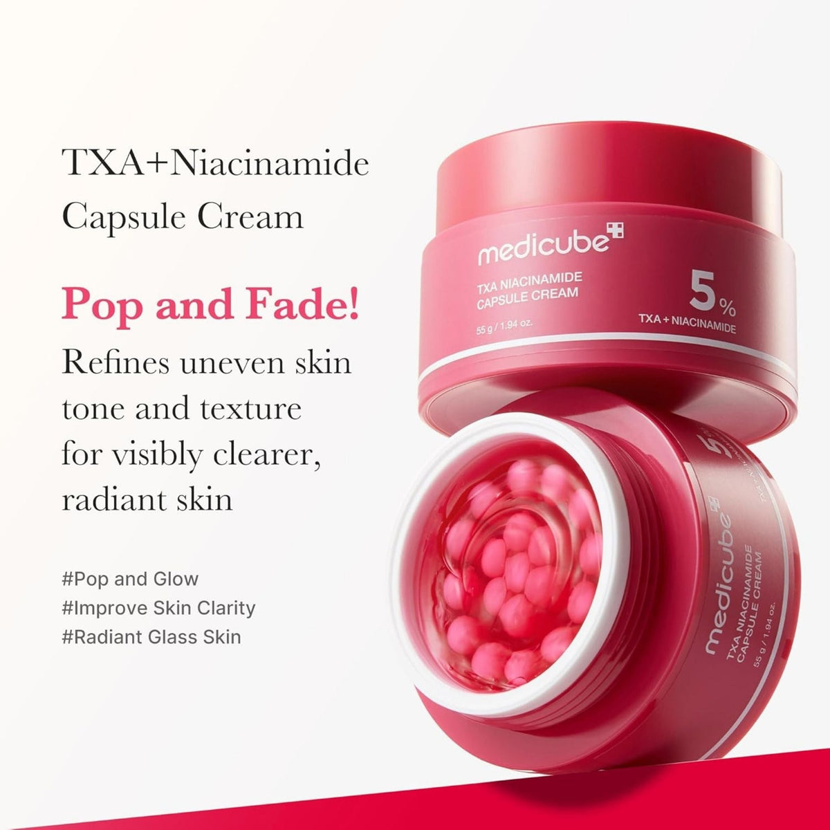 Refect Beauty Medicube TXA Niacinamide Capsule Cream with red gel and pink capsules for radiant skin