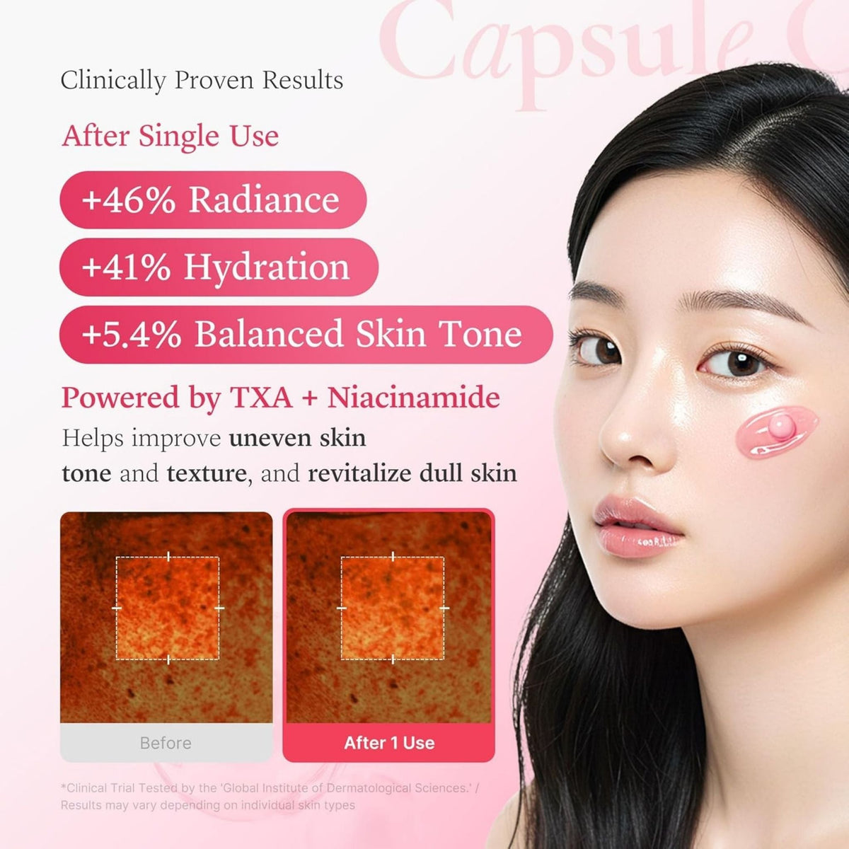 Refect Beauty Medicube TXA Niacinamide Capsule Cream showing clinical trial results and a model with product on cheek
