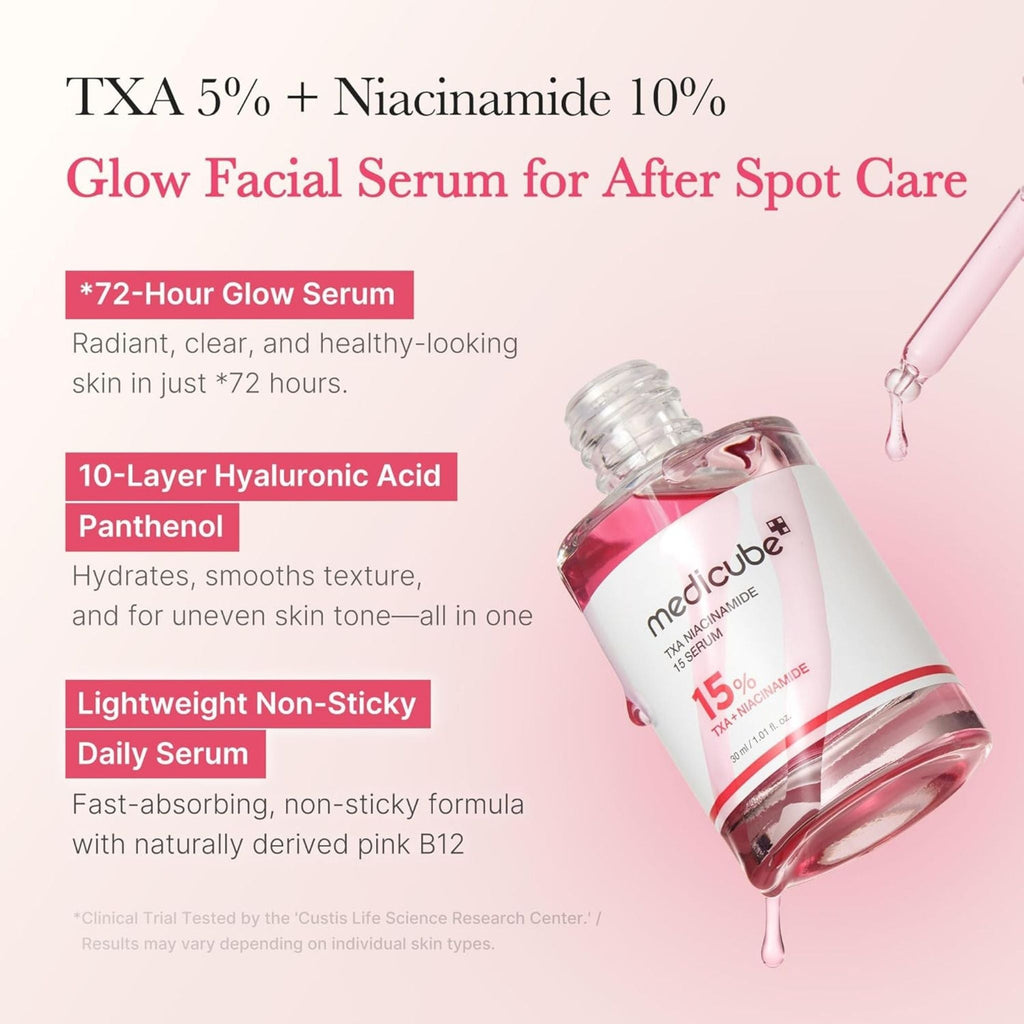 Refect Beauty Medicube TXA Niacinamide 15 Serum bottle with dropper, featuring pink serum for dark spot and acne care.