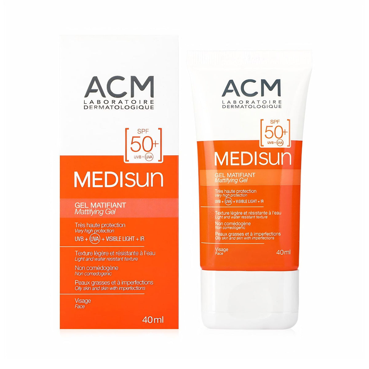 Refect Beauty MEDISUN SPF50 mattifying gel sunscreen in a white and orange tube with its matching product box.