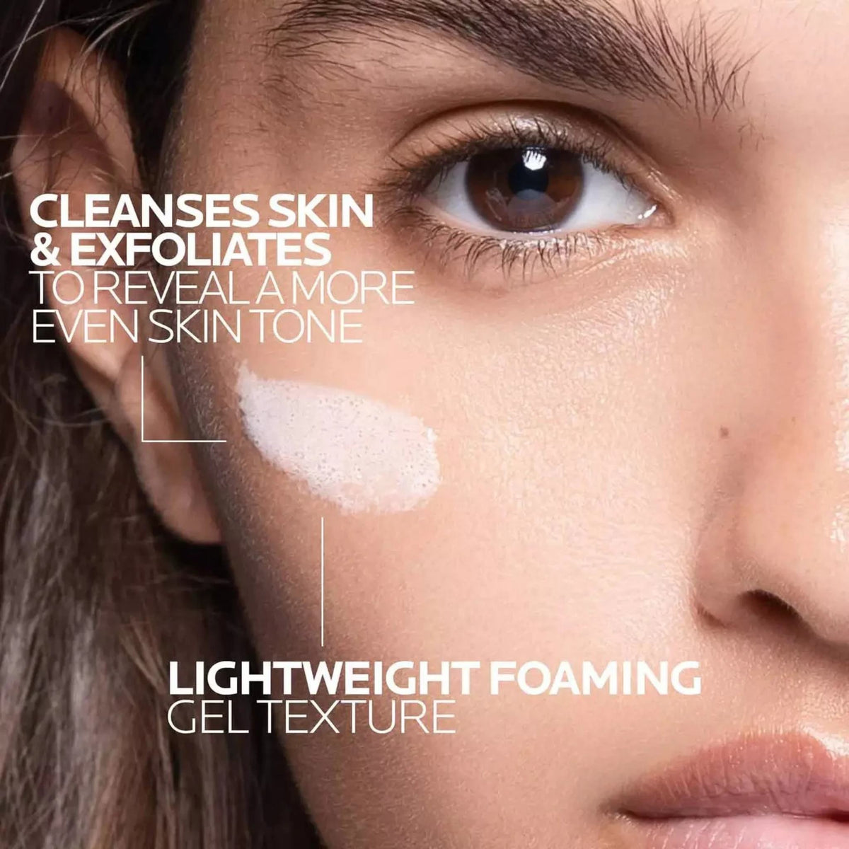 Refect Beauty La Roche-Posay Mela B3 Gel Cleanser applied as a lightweight foaming texture on a woman's cheek