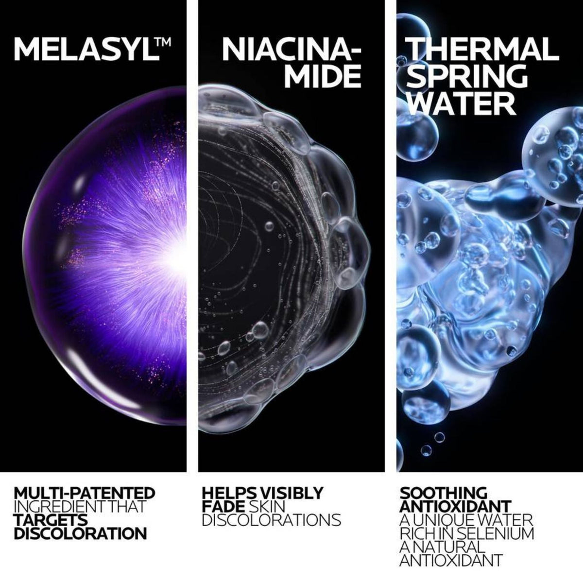 Refect Beauty graphic showing Melasyl, Niacinamide, and Thermal Spring Water ingredients for eye treatment with description.
