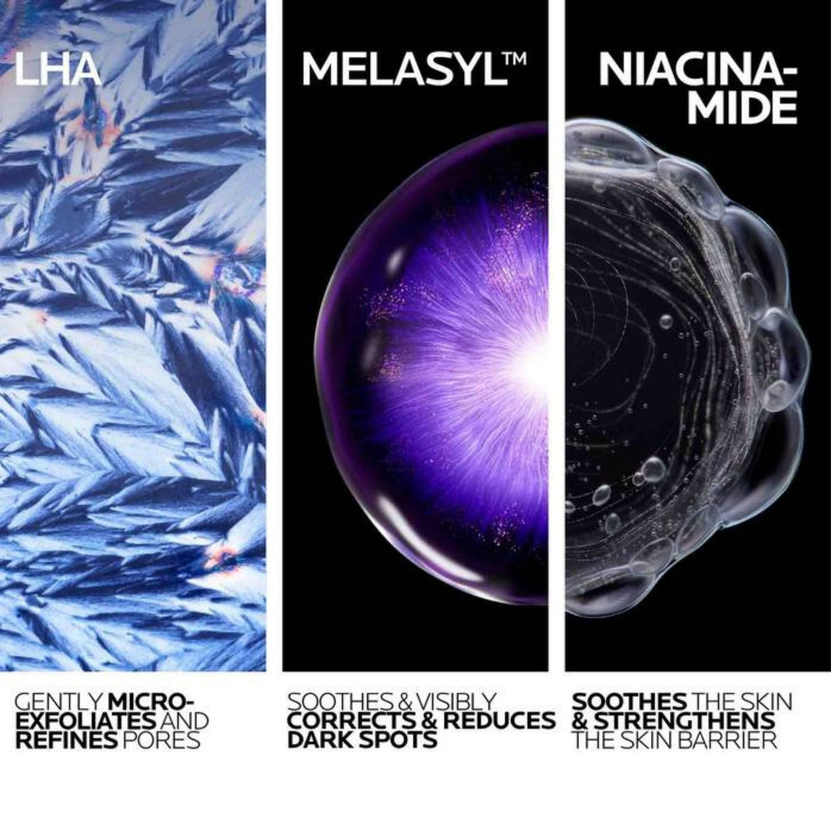 Refect Beauty infographic showing LHA, Melasyl, and Niacinamide benefits for skin texture, dark spots, and barrier.