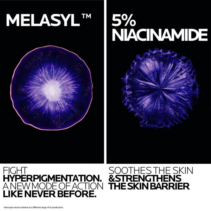 Refect Beauty graphic showing Melasyl and 5% Niacinamide ingredients for La Roche Posay Mela B3 moisturizer