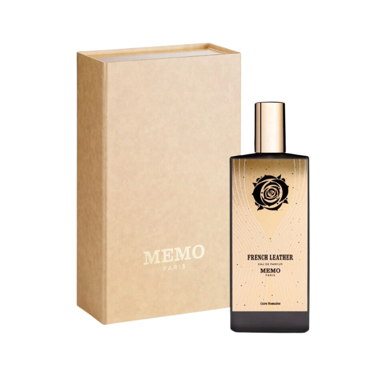 Refect Beauty Memo Paris French Leather Eau de Parfum bottle with its matching tan presentation box.