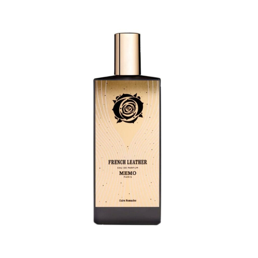 Refect Beauty Memo Paris French Leather Eau de Parfum bottle with gold label featuring a black rose illustration.