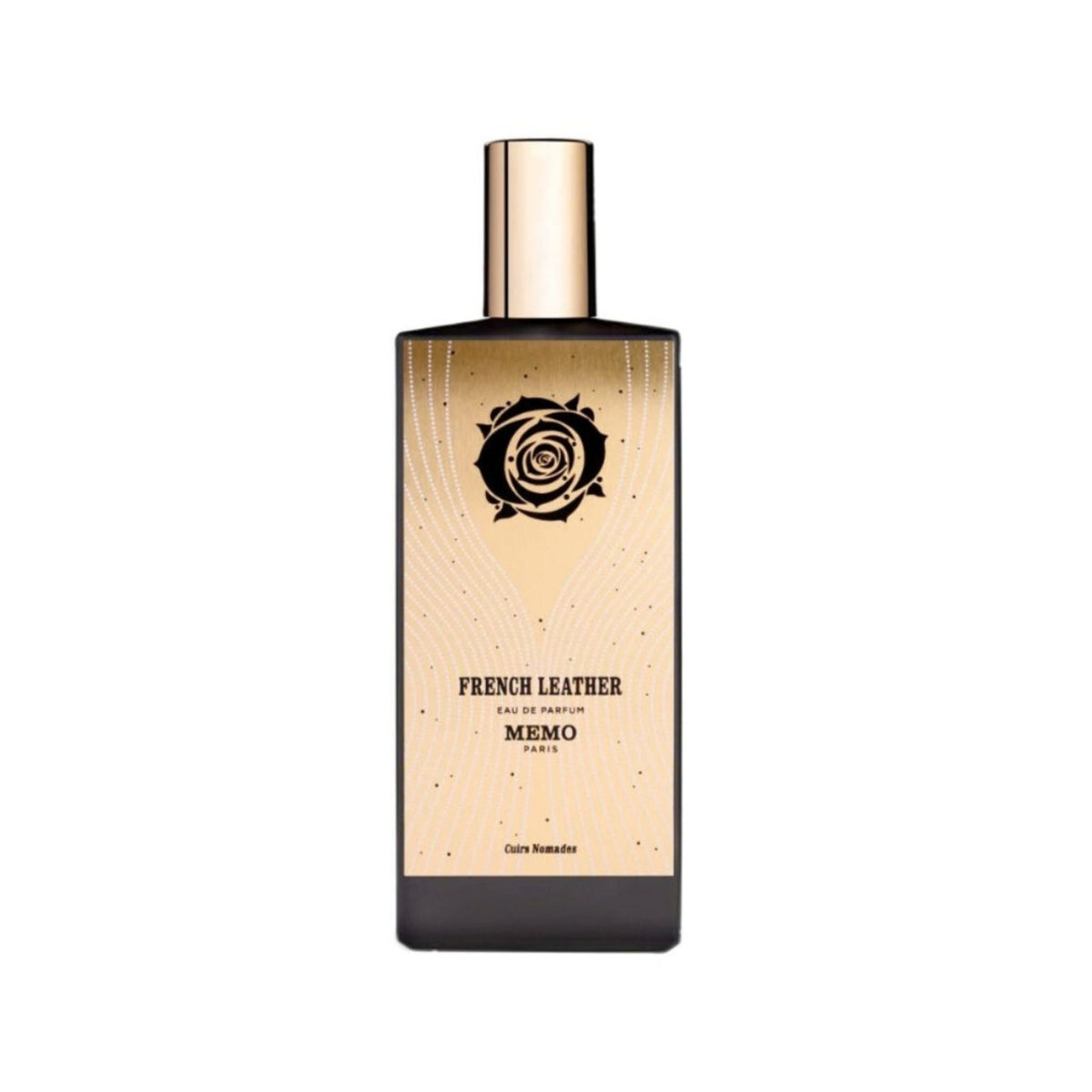Refect Beauty Memo Paris French Leather Eau de Parfum bottle with gold label featuring a black rose illustration.