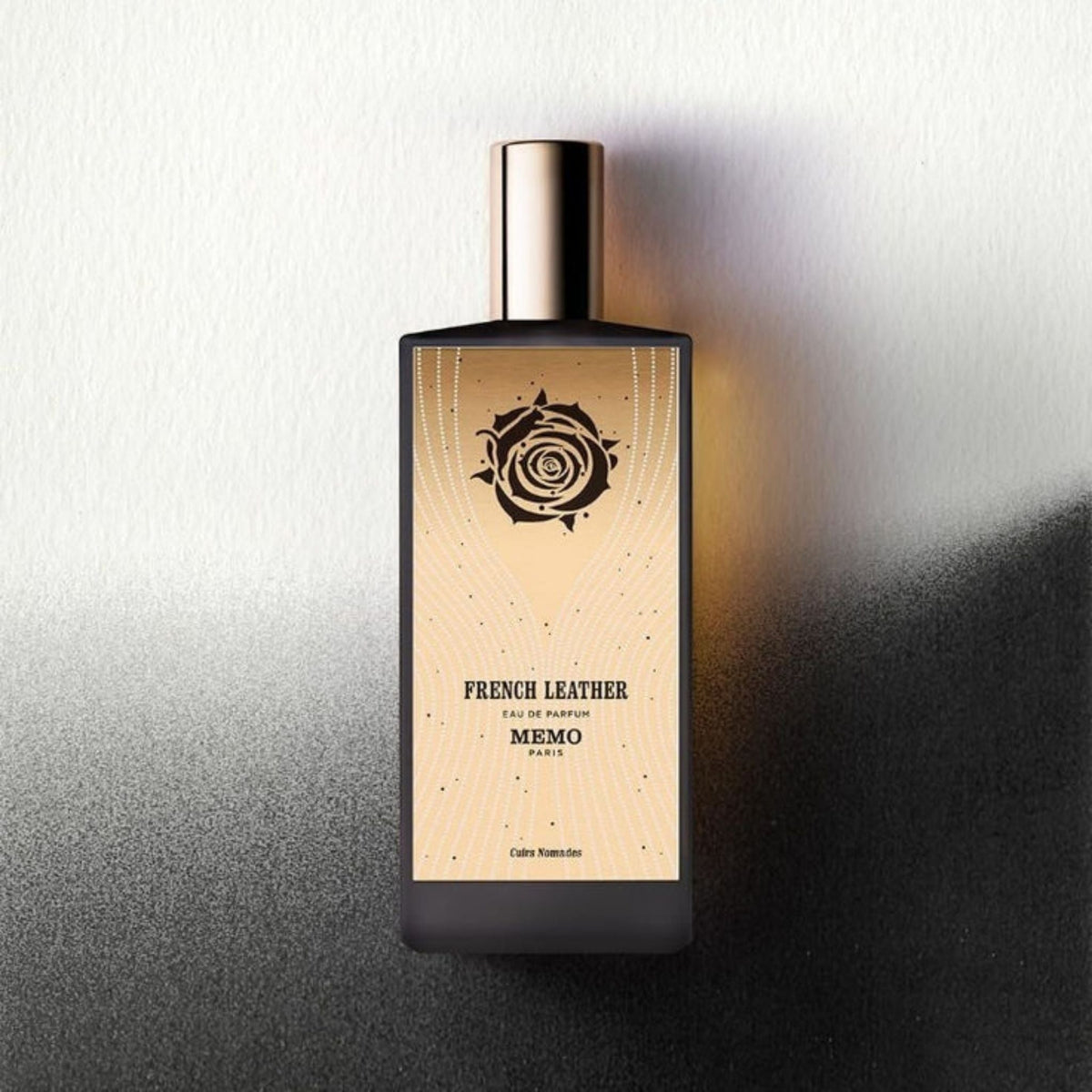 Refect Beauty Memo Paris French Leather Eau de Parfum bottle with a beige label featuring a black rose illustration.