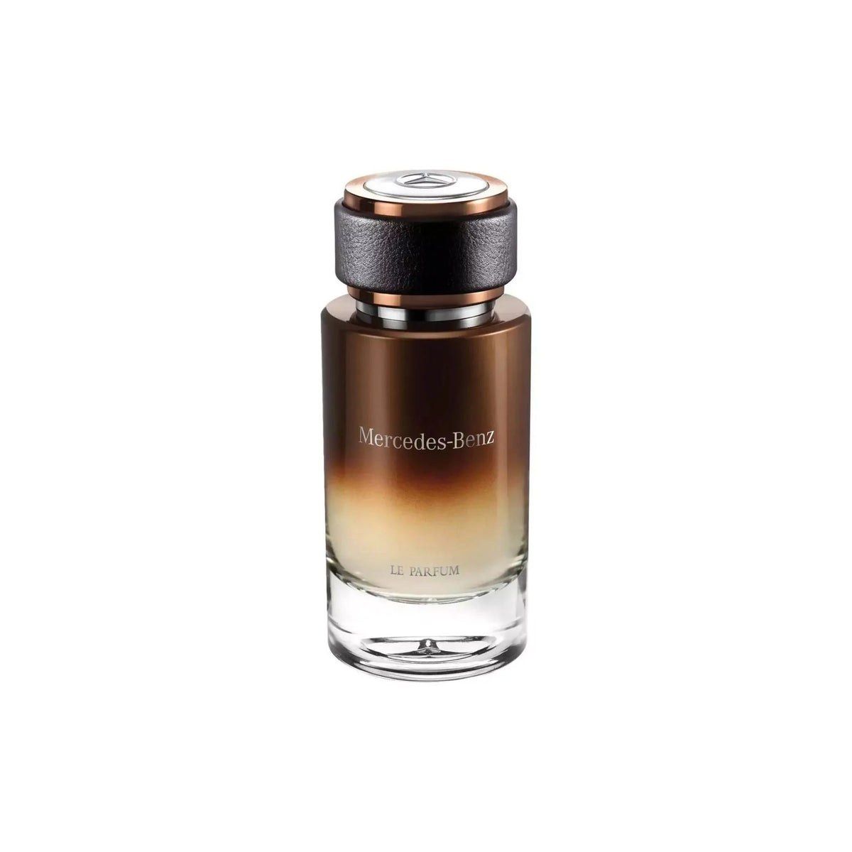 Refect Beauty Mercedes-Benz Le Parfum Eau de Parfum in a brown gradient glass bottle with a leather-textured cap.