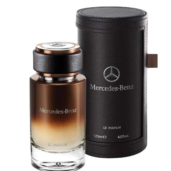 Refect Beauty Mercedes-Benz Le Parfum woody-chypre fragrance in a gradient brown glass bottle with a leather case.