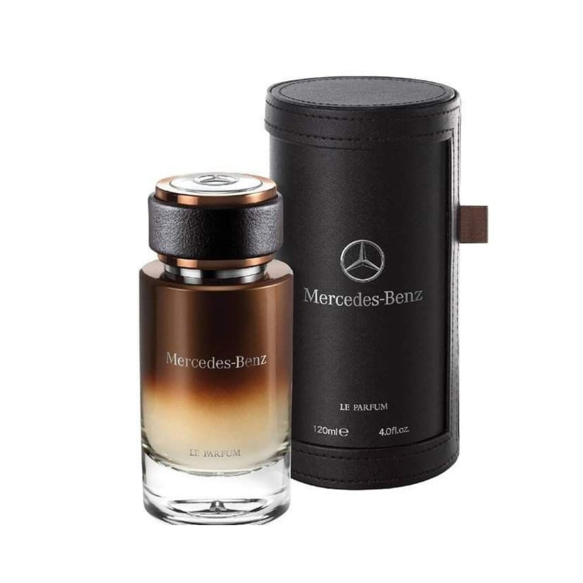 Refect Beauty Mercedes-Benz Le Parfum woody-chypre fragrance bottle with matching leather-textured cylindrical case