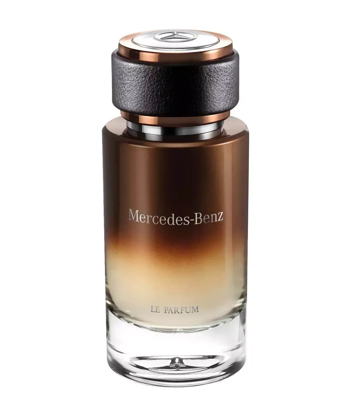 Refect Beauty Mercedes-Benz Le Parfum woody-chypre fragrance in a gradient brown glass bottle with a leather cap.