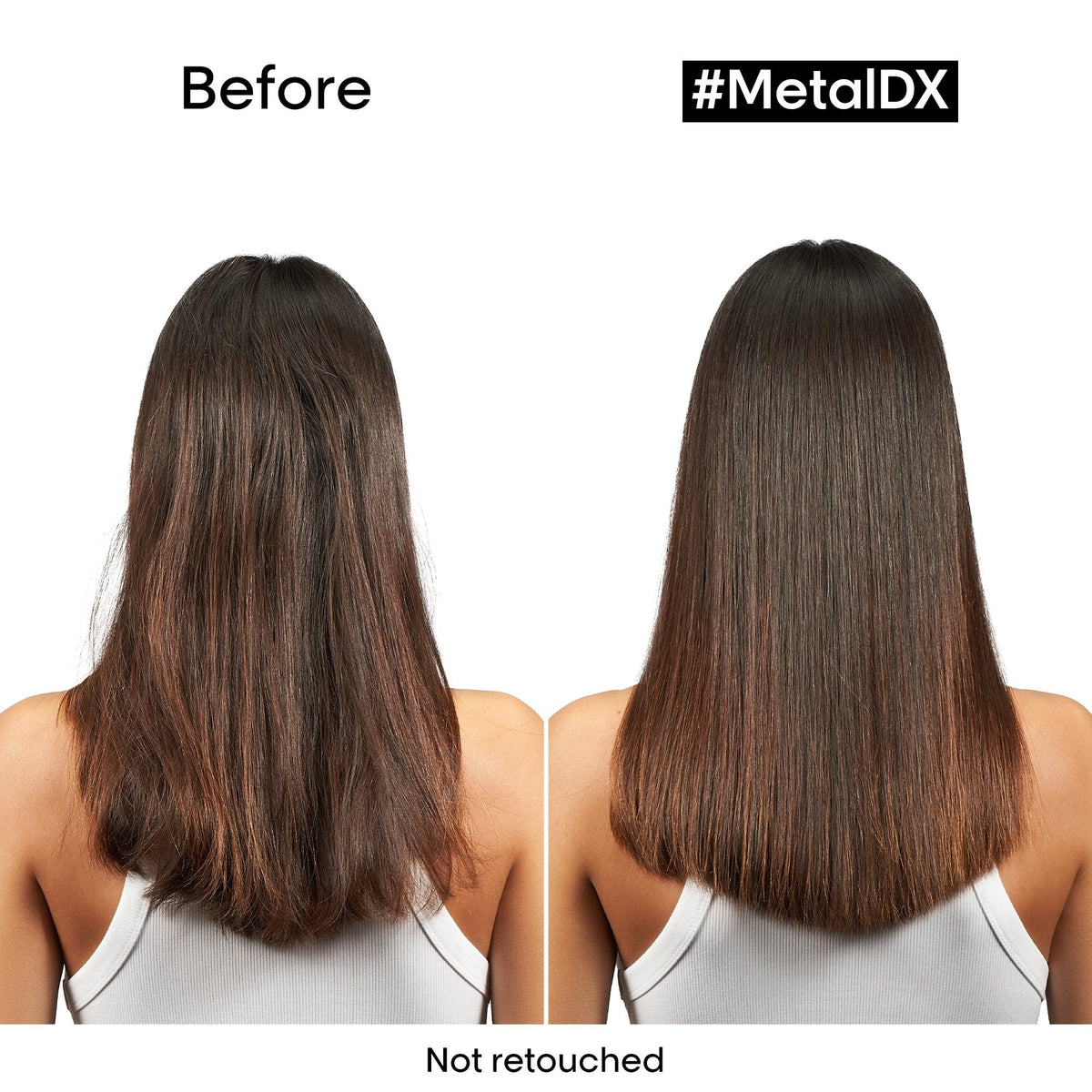 Refect Beauty before and after comparison of hair treated with L'Oreal Professionnel Metal Detox for shine and health