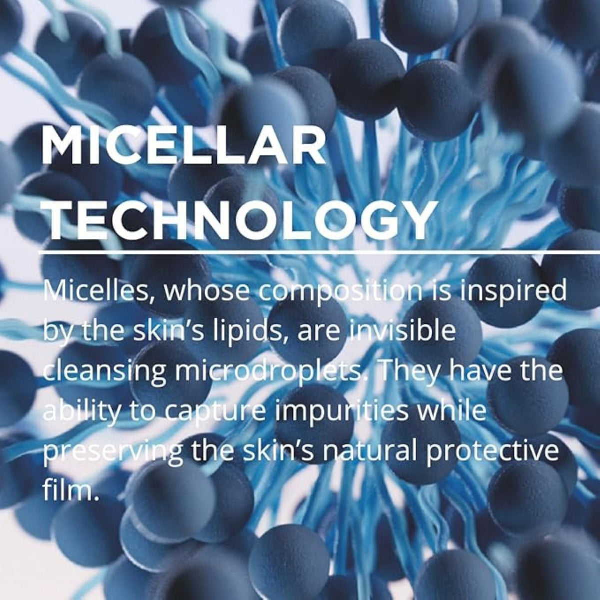 Refect Beauty graphic showing blue micellar structures representing cleansing technology for sensitive skin