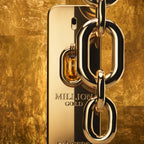 Refect Beauty Paco Rabanne Million Gold Elixir parfum bottle with a prominent gold chain detail against a gold background