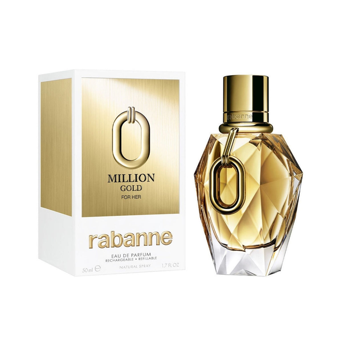 Refect Beauty Paco Rabanne Million Gold Eau de Parfum for women in a faceted glass bottle with a gold chain detail.