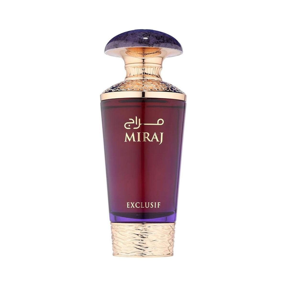 Refect Beauty French Avenue Miraj Exclusif perfume bottle in deep red glass with ornate gold accents and purple cap.