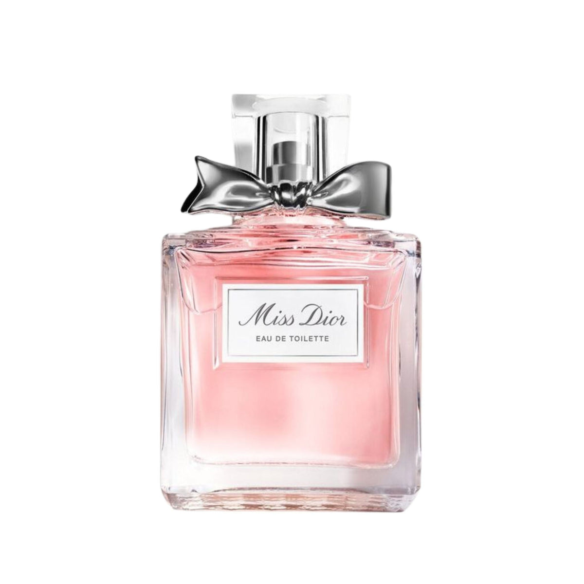 Refect Beauty Miss Dior Eau de Toilette perfume bottle with a soft pink liquid and a signature silver bow detail.