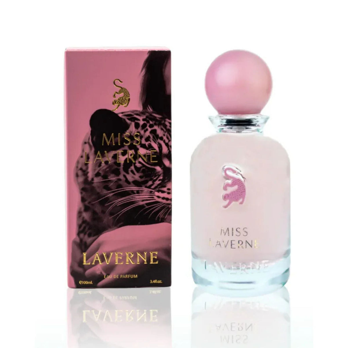 Refect Beauty Miss Laverne Eau de Parfum for women featuring a pink bottle with a leopard logo and matching box.